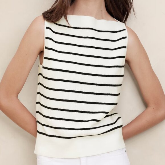 Striped Boat-Neck Sweater Tank in White & Black - Picture 1 of 5